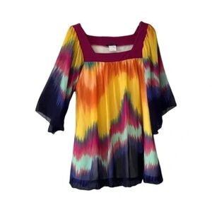 Boston Proper | Multicolored Bubble Hem Square Neck Tunic Blouse, Medium